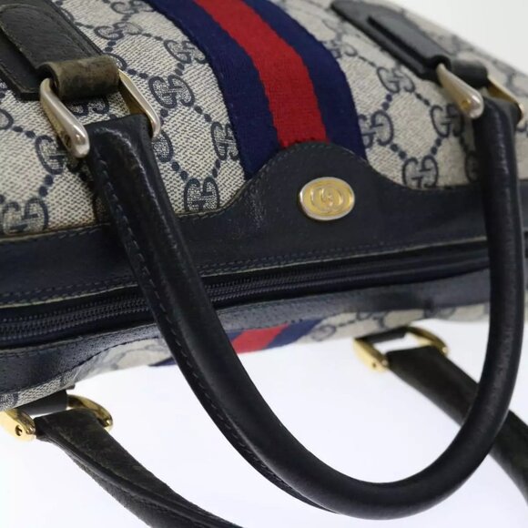 GUCCI GG Canvas Sherry Line Hand Bag PVC 2way Navy Red - Picture 12 of 16